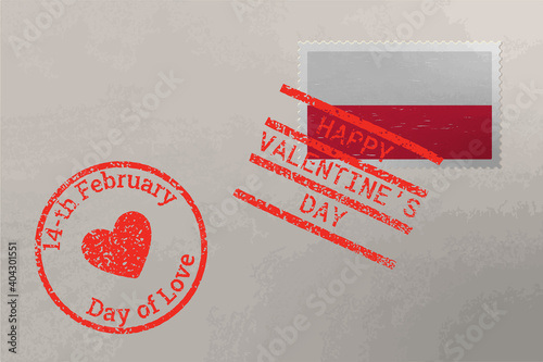 Postage stamp envelope with Poland flag and Valentines Day stamps, vector