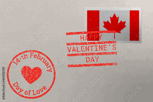 Postage stamp envelope with Canada flag and Valentines Day stamps, vector