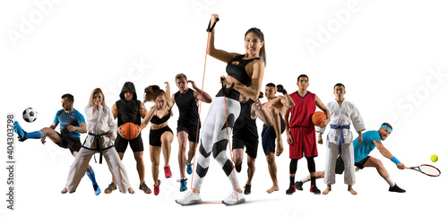 Sport collage. Fitness, tennis, soccer, taekwon-do, karate, MMA, basketball
