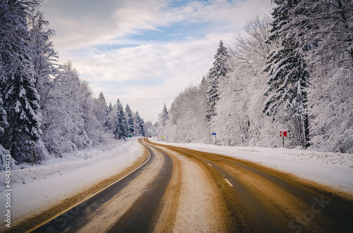 Красивая зимняя дорога вдоль леса. Чудесный лесной пейзаж © Алексей Грушко
