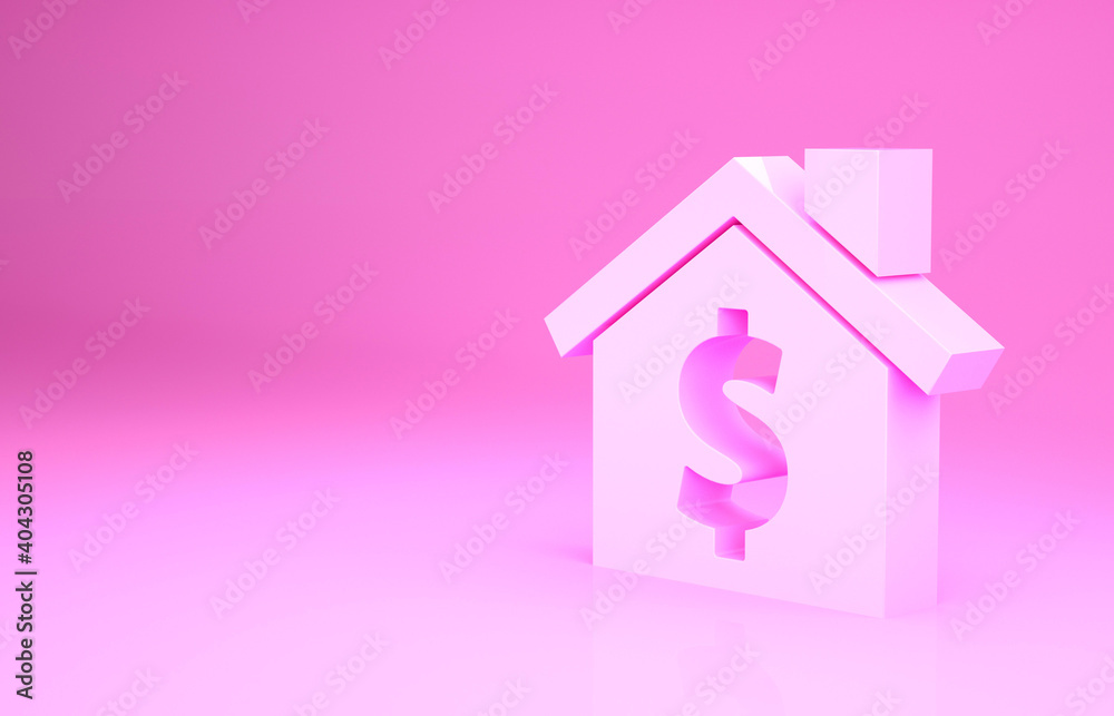 Pink House with dollar symbol icon isolated on pink background. Home and money. Real estate concept. Minimalism concept. 3d illustration 3D render. Pink House with dollar symbol icon isolated on pink background. Home and money. Real estate concept. Minimalism concept. 3d illustration 3D render.