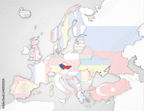 3D Europakarte auf der Tschechien hervorgehoben wird und die restlichen Flaggen transparent sind