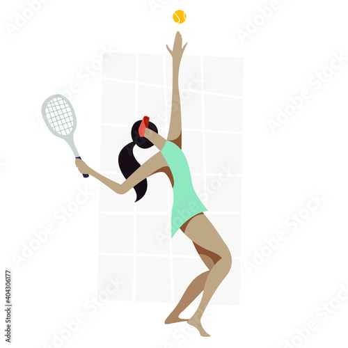 vector flat stylized illustration with a young sports girl in stylish clothes playing tennis on the background of a stylized tennis net. all elements are isolated. the background can be removed.