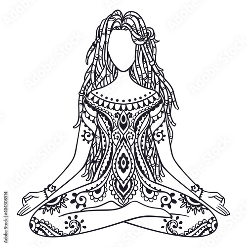 Yoga girl. african american woman doing yoga. Dreadlocks hairstyle Ornament Meditation pose.