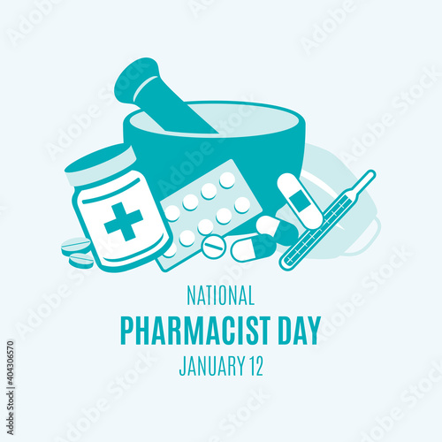 National Pharmacist Day vector. Pile of drugs in pharmacy icon vector. Mortar and various drugs vector. Pharmacist Day Poster, January 12. Important day