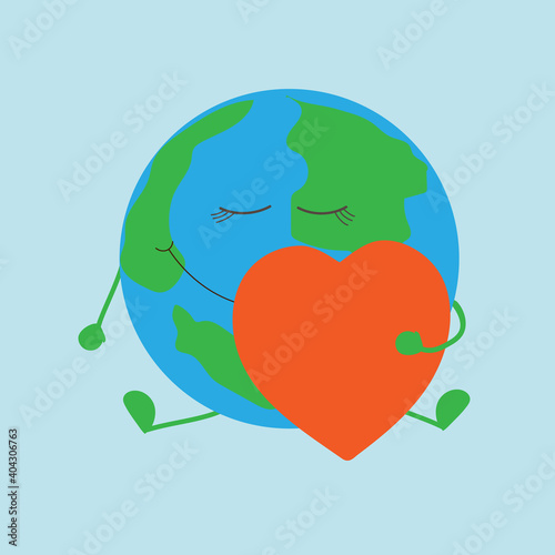 Cute planet in love hugs a red heart.