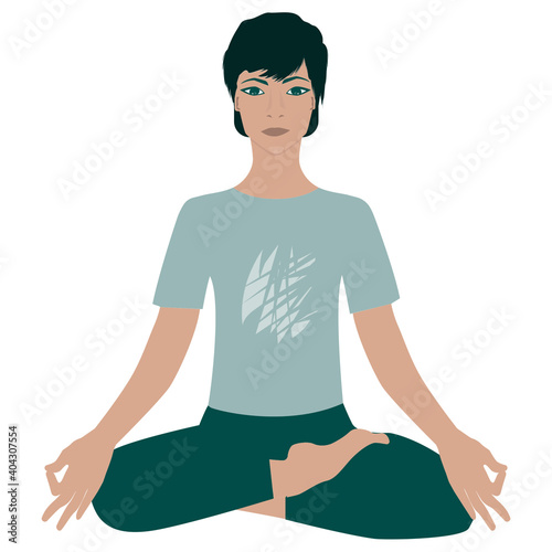 Asian guy, cute, meditates in asana pose - isolated on white background - vector. Yoga. Fitness. Mental health.