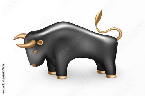 Black Porcelain Bull with Golden Horns, Eyes, Ears, Hooves and Tail. Symbol of the New Year 2021 on Chinese lunar calendar. 3d icon and logo. Realistic glass porcelain figurine of cow or ox