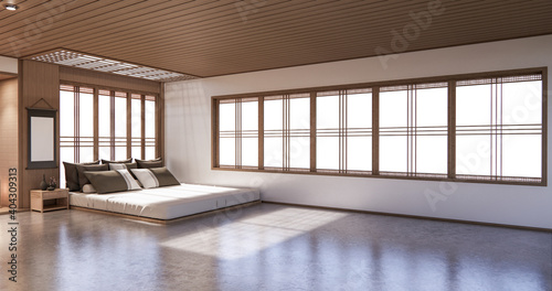 Bed room japanese design on tropical room interior and tatami mat floor. 3D rendering