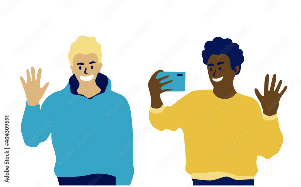 Two young men wave their hands in greeting against an isolated white background. Selfie. Talk face to face. Social concept. Two young men wave their hands in greeting against an isolated white background. Selfie. Talk face to face. Social concept.