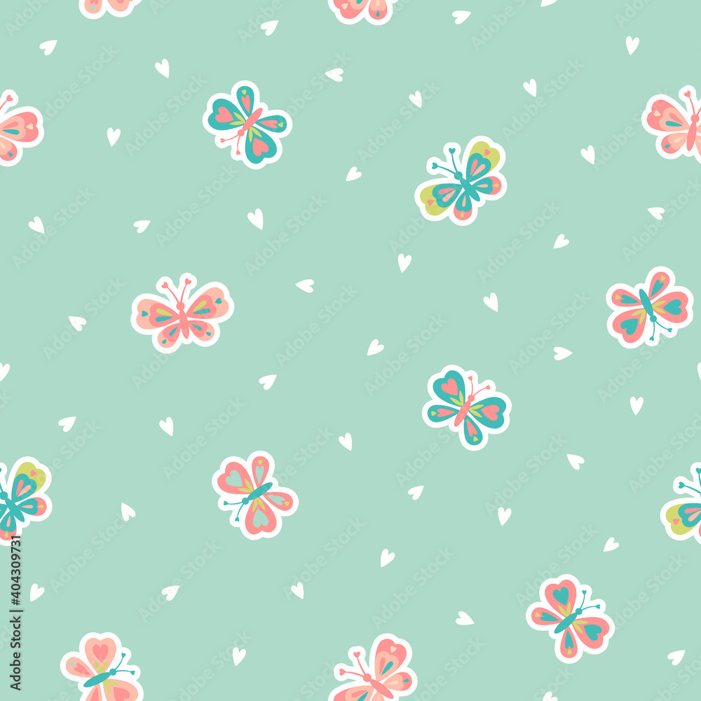 Butterflies and hearts scattered on pastel blue background seamless vector pattern.