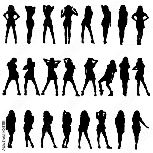 Set of female fashion model silhouettes posing glamour in dress skirt and high heels. Easy editable vector illustration. 