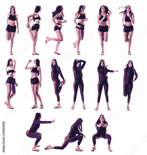 Set of fit active sport woman jogger or runner warming up doing cardio exercises of made of abstract shapes. Easy editable vector illustration. 