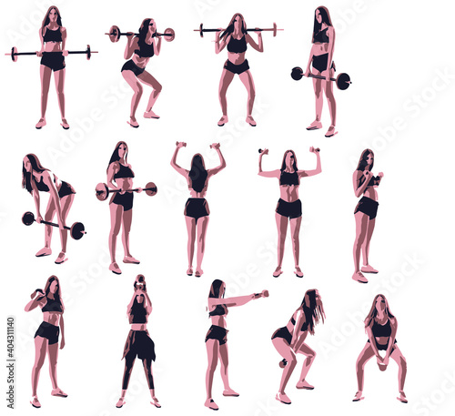 Set of sport fitness woman doing weightlifting exercises with dumbbell or kettle bell made of abstract shapes. Easy editable vector illustration. 