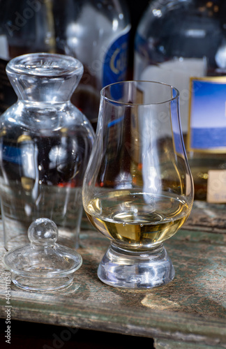 Glasses of scotch whisky served in bar in Edinburgh  Scotland  UK