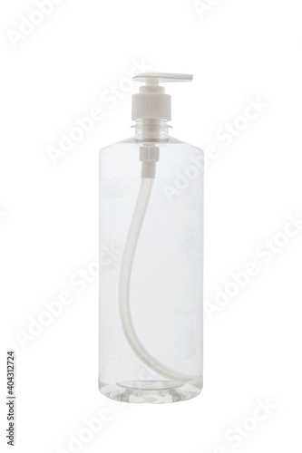 Transparent white plastic botle of antibacterial sanitizer fluid. Selective focus