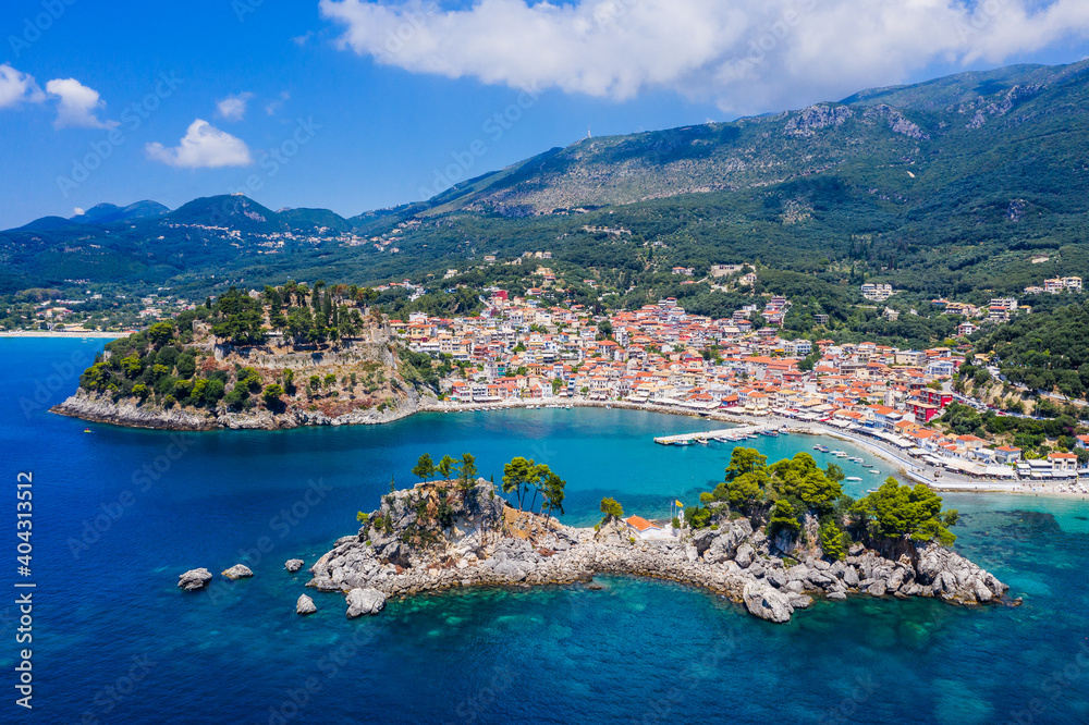 Parga, Greece. Aerial view of the resort town and island of Panagia.
