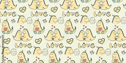 cute vector seamless pattern with loving dinosaurs and hearts. valentine s day print  wallpaper  background  design of notebooks  textiles and packaging paper. couple in love  animals  doodles