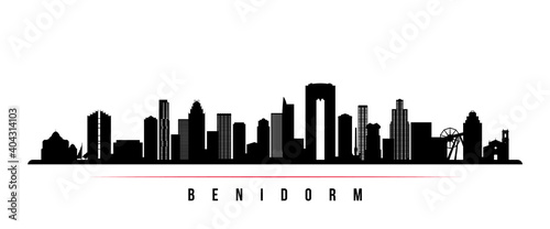 Benidorm skyline horizontal banner. Black and white silhouette of Benidorm, Spain. Vector template for your design.