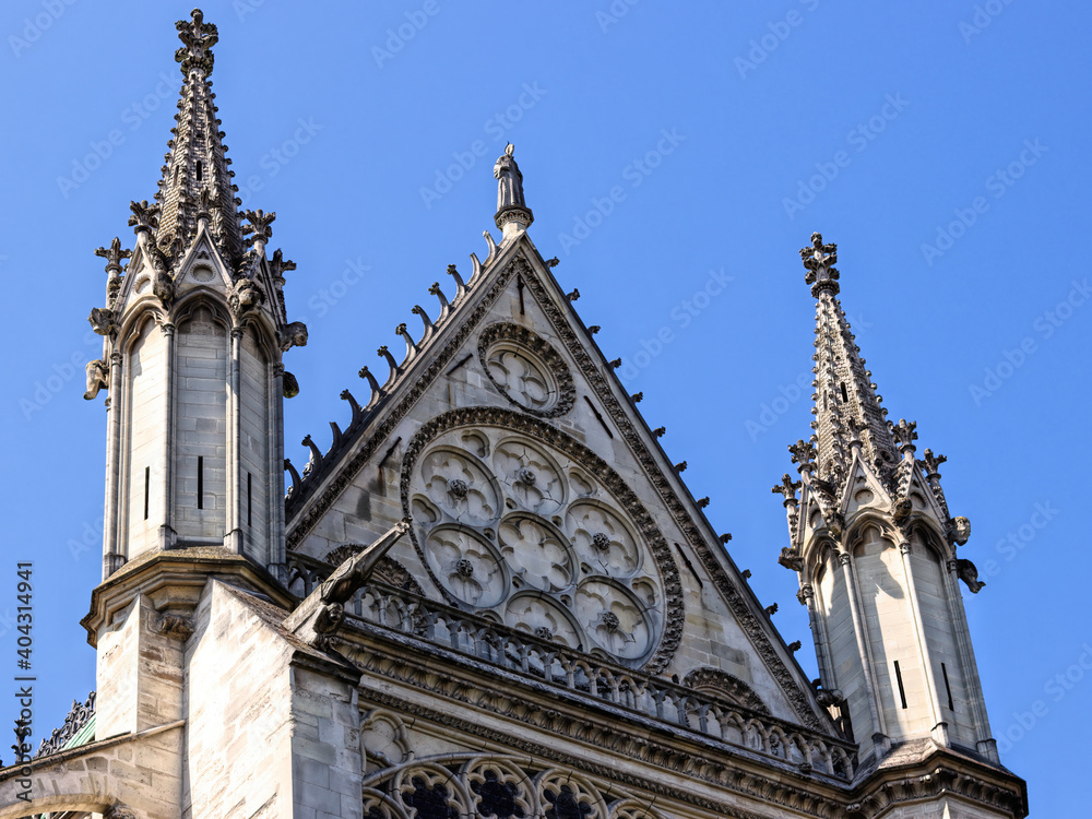 Gothic architecture of the Basilica of Saint-Denis, a large former medieval abbey church and present cathedral in the city of Saint-Denis, a northern suburb of Paris