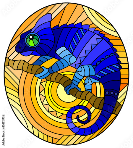 Illustration in stained glass style with abstract geometric blue chameleon and sun on an orange background , oval image