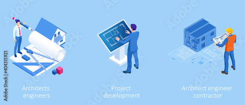 Isometric Construction Project Management, Architectural Project Planning, Development and Approval. Scheme of House, Engineer industry. Construction Company Business.