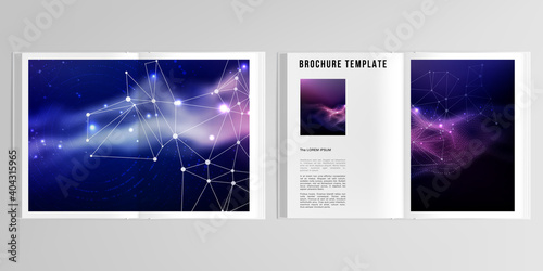 3d realistic vector layout of cover mockup templates for A4 bifold brochure, flyer, cover design, book design, magazine, brochure cover. Digital data visualization, polygonal science dark background.