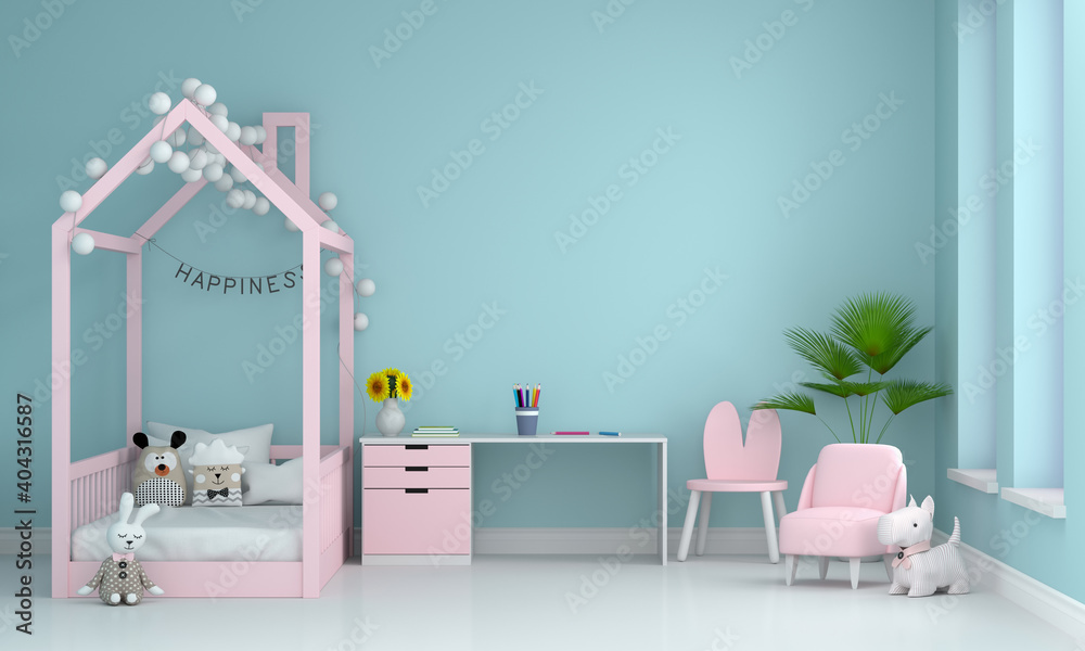 Blue child bedroom for mockup, 3D rendering