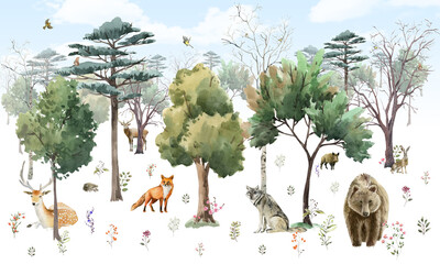 Gardinen Kinderzimmer fototapeten für kinder. Wald mit Tieren. Aquarell  © kreginkoy