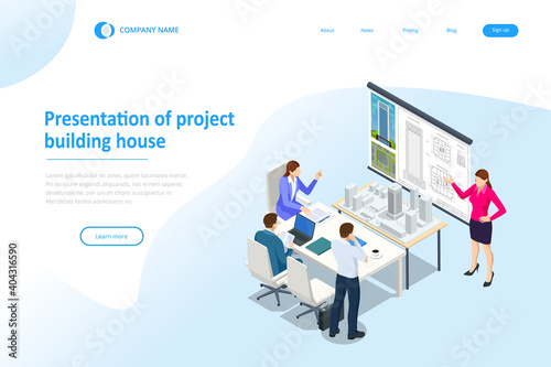 Isometric Construction Project Management, Architectural Project Planning, Development and Approval Web Banner or Landing Page. Scheme of House, Engineer industry. Construction Company Business. © Golden Sikorka
