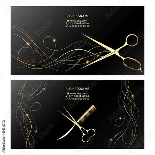 Gold scissors comb and beautiful shiny hair curls unique business card concept