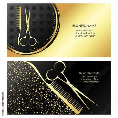 Gold business card scissors and comb for beauty salon and hair stylist