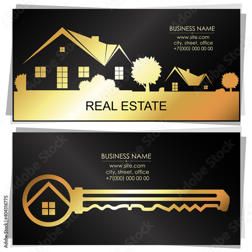 Real estate golden key and houses unique business card concept for sale and rental housing