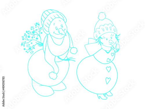 Couple of Snowmen. A snowman in a hat and a scarf hiding a bouquet of flowers behind his back is smiling at his snow girlfriend, who is secretly correcting her makeup. Suitable for valentine's day