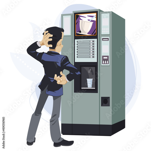 Pensive man near coffee vending machine. Illustration for internet and mobile website.