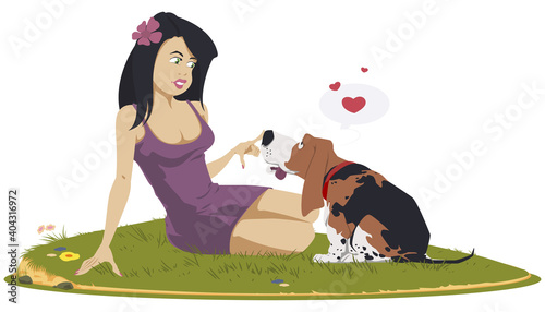 Beautiful girl caresses dog. Illustration for internet and mobile website.
