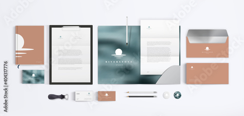 Premium corporate style template with white logo on stone background. Branding identity realistic mockup with folder, A4 form, envelope and business card.