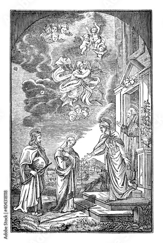 Christian holy travelers welcomed in house of god. Vintage engraving or line drawing illustration.