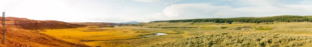 Panorama shot of colored flat nature and meadows in yellowstone national park in america