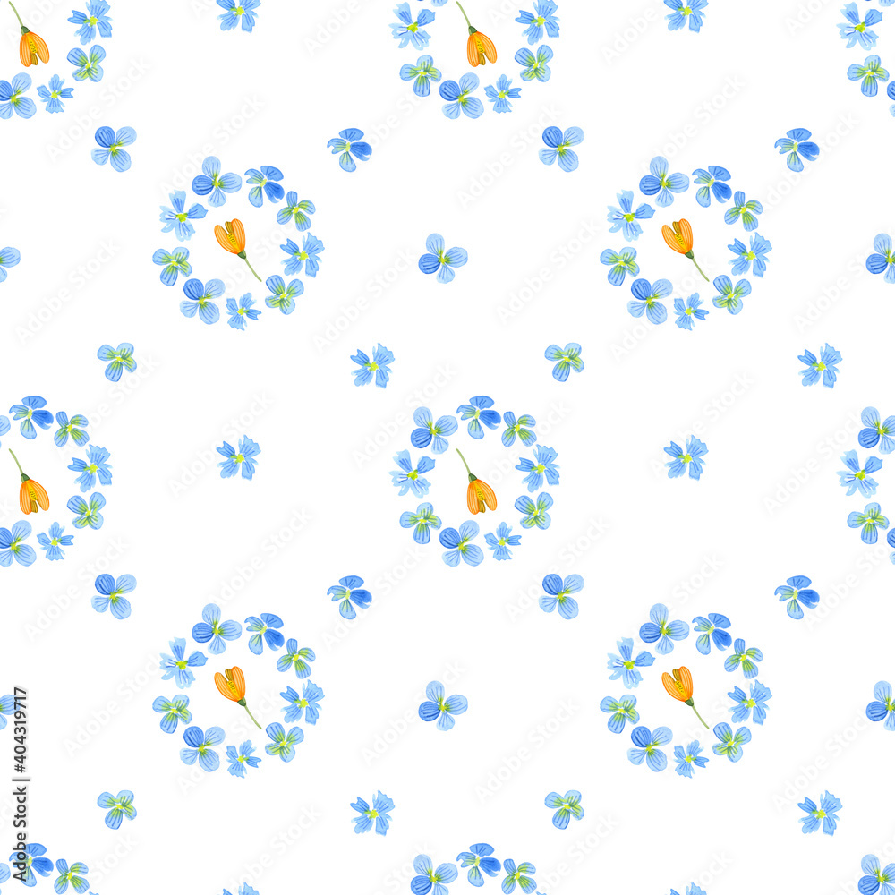 Blue wild flowers watercolor seamless pattern