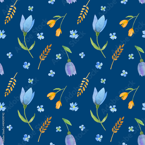 Wild flowers watercolor seamless pattern blue background