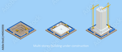 Isometric Skyscraper construction process. Building crane, multi-storey building under construction.