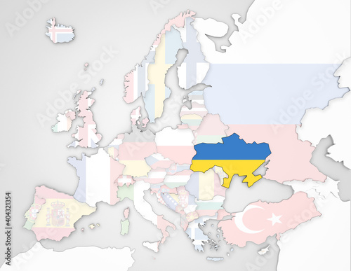 3D Europakarte auf der die Ukraine hervorgehoben wird und die restlichen Flaggen transparent sind