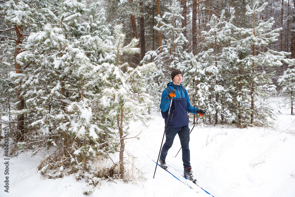 Skier with a backpack and hat with pompom with ski poles in his hands on background of a snowy forest. Cross-country skiing in winter forest, outdoor sports, healthy lifestyle, winter sports tourism.