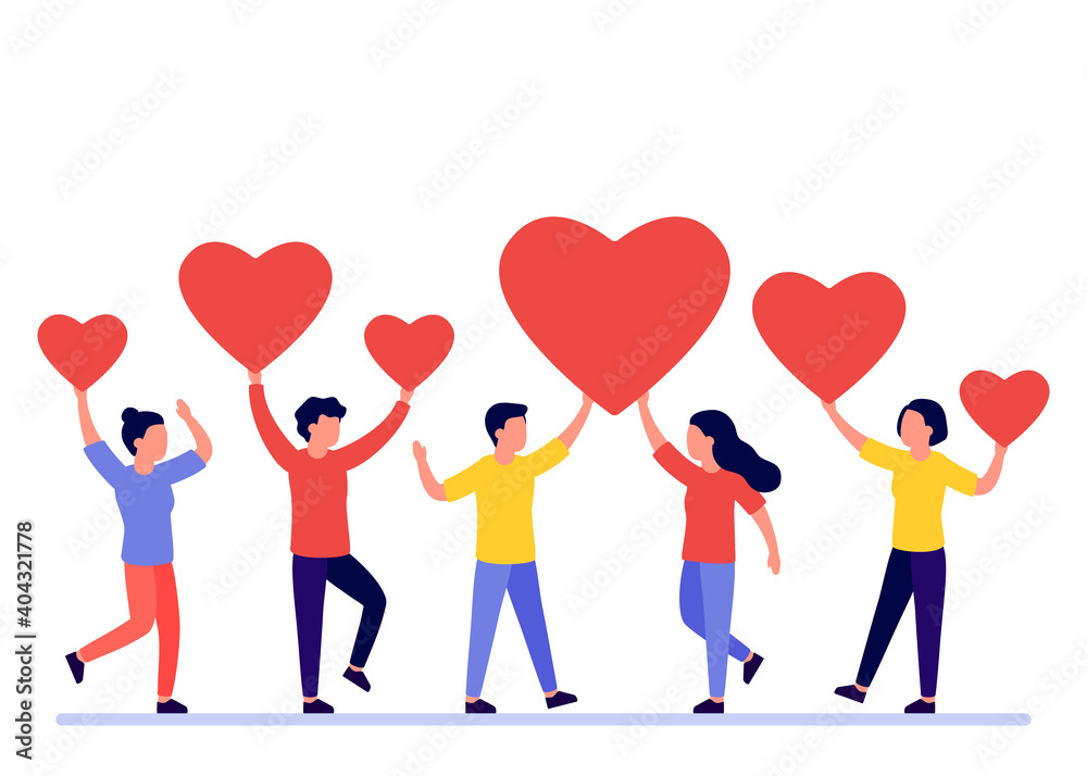 Group of people is holding red heart shape. Men and women give feedback, support, help, love. Good review, like. Valentine s Day concept. Vector illustration Group of people is holding red heart shape. Men and women give feedback, support, help, love. Good review, like. Valentine s Day concept. Vector illustration