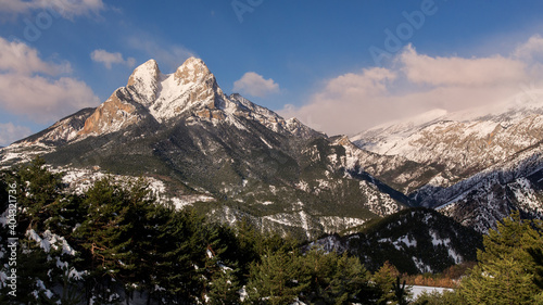 Snowy Pedraforca mountain in Barcelona, Spain