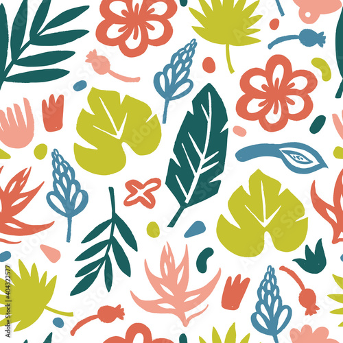 Cute vector seamles pattern of tropical leaves and flowers.
