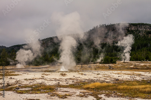 Wide shot of active gushing gayser ion yellowstone national park in america