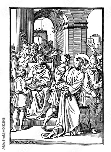 1th or First Station of the Cross or Way of the Cross or Via Crucis. Jesus is condemned to death.Bible,New Testament. Antique vintage biblical religious engraving or drawing.