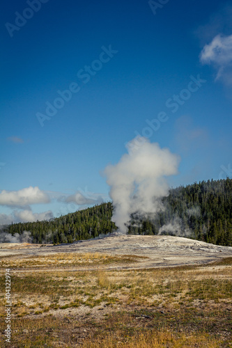 Close up of steaming old faithful geyser before gushing in thermal nature of yellowstone national park in america